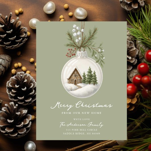 New Home Christmas Postcard Ornament Scene Aankondigingskaart