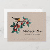 New Home Cute Bird Holly Berries Kerstbeweging Aankondigingskaart (Voorkant / Achterkant)