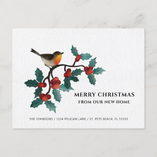 New Home Cute Bird Holly Berries Kerstbeweging Aankondigingskaart