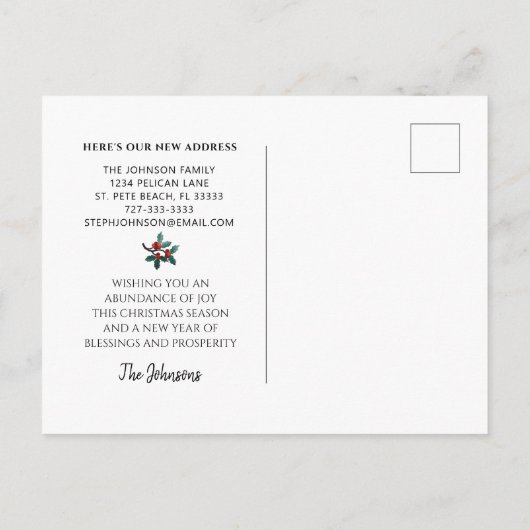 New Home Cute Bird Holly Berries Kerstbeweging Aankondigingskaart (Achterkant)