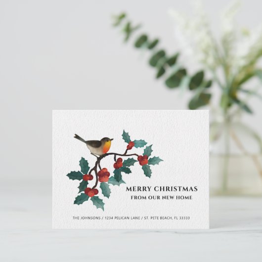 New Home Cute Bird Holly Berries Kerstbeweging Aankondigingskaart (Staand voorkant)