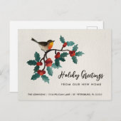 New Home Cute Bird Holly Berries Kerstbeweging Aankondigingskaart (Voorkant / Achterkant)