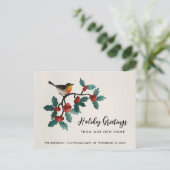 New Home Cute Bird Holly Berries Kerstbeweging Aankondigingskaart (Staand voorkant)