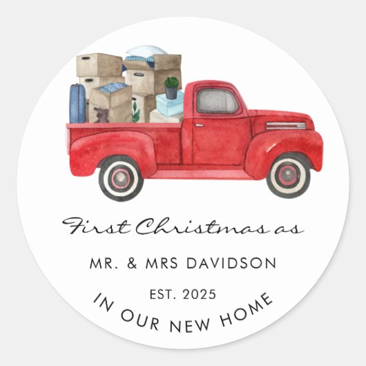 New Home Eerste Kerstmis als Mr en Mrs Red Truck Ronde Sticker (Voorkant)
