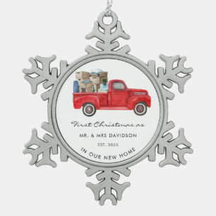 New Home Eerste Kerstmis als Mr en Mrs Red Truck Tin Sneeuwvlok Ornament