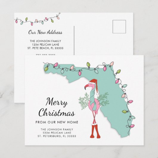 New Home Florida Map Kerstmis Flamingo Moving Aankondigingskaart (Voorkant / Achterkant)