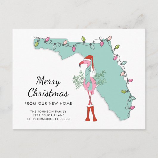 New Home Florida Map Kerstmis Flamingo Moving Aankondigingskaart (Voorkant)