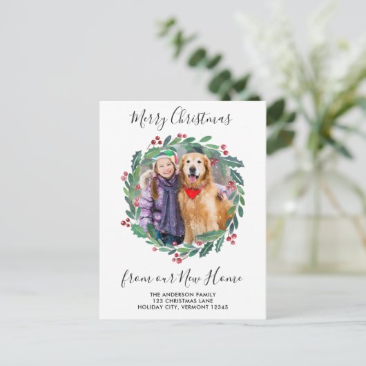 New Home Greenery Wreate kerstfoto Bewegend Feestdagenkaart (Staand voorkant)