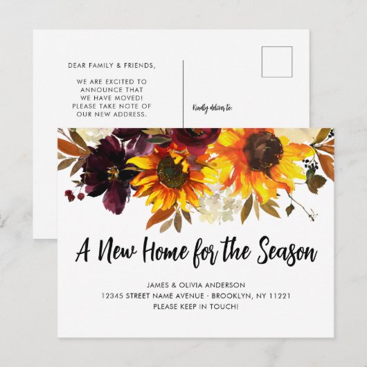 New Home Herfst Season We hebben Sunflower Moving Aankondigingskaart (Voorkant / Achterkant)