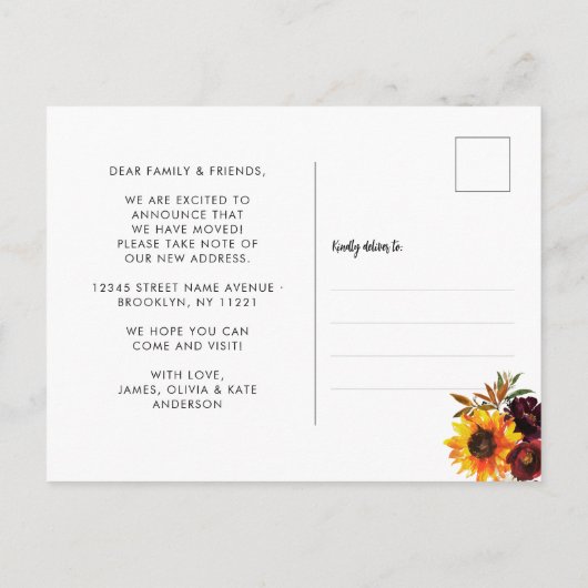New Home Herfst Season We hebben Sunflower Moving Aankondigingskaart (Achterkant)