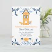 New Home Hygge Blue Yellow House en Flowers Kaart (Staand voorkant)
