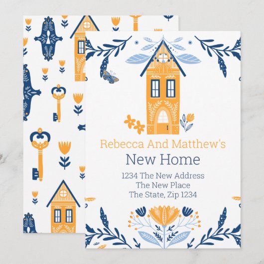 New Home Hygge Blue Yellow House en Flowers Kaart (Voorkant / Achterkant)