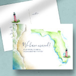 New Home Jupiter Florida State Moving Announement Briefkaart<br><div class="desc">Met levendige waterverf en bewegende aankondigingen kunnen vrienden en familie op de hoogte zijn van je nieuwe thuis. In het ontwerp staat een replica van mijn oorspronkelijke hand met een waterverf staat Florida met een vuurtoren van Jupiter en oceaangolven in tinten blauw, turquoise en groen. Uw douaneaankondiging (getoond met "wij...</div>