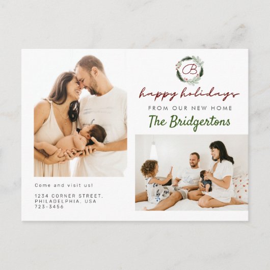 New Home Kerstmis WreathTwo Photo Family Moving Aankondigingskaart (Voorkant)