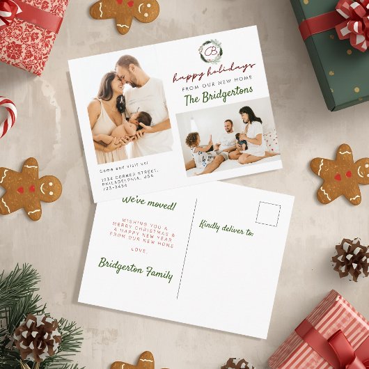 New Home Kerstmis WreathTwo Photo Family Moving Aankondigingskaart