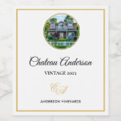 New Home Photo Chateau Achternaam Monogram Gold Wijn Etiket (Enkel label)