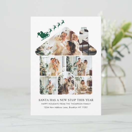 New Home Photo Collage Green Santa Sleigh Moving Feestdagenkaart (Staand voorkant)