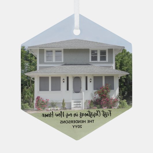New Home Photo First kerst Simple Black Script Glas Ornament (Achterkant)
