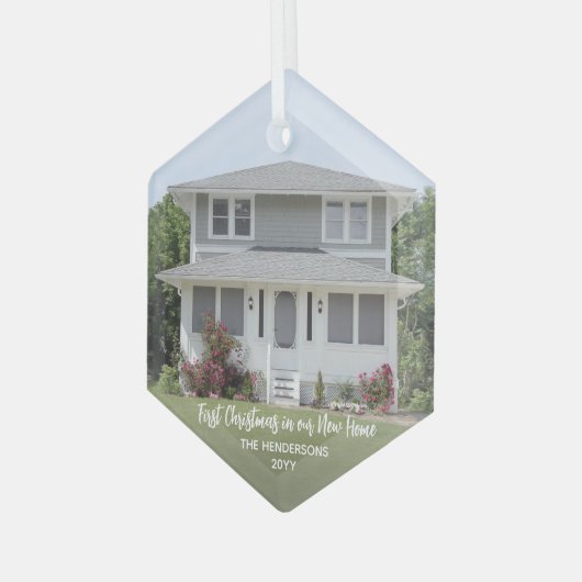 New Home Photo First Kerstmis Simple White Script Glas Ornament (Voorkant links)