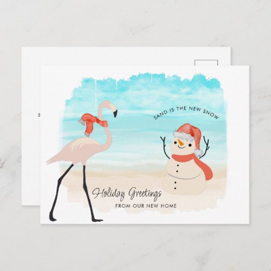 New Home Sandy Snowman Flamingo on Beach Feestdagenkaart (Voorkant / Achterkant)