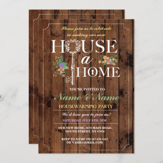 New Home Sweet Home House Warming Wood Key Uitnodi Kaart (Voorkant / Achterkant)