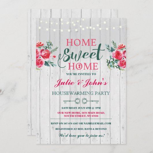 New Home Sweet House Warming Floral Key Invite Kaart (Voorkant / Achterkant)