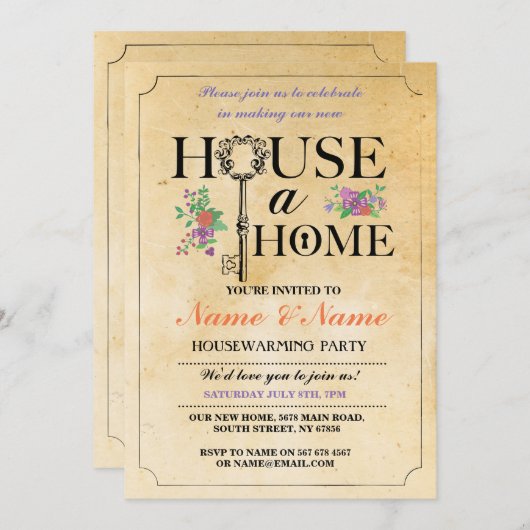 New Home Sweet House Warming  Key Invite Kaart (Voorkant / Achterkant)