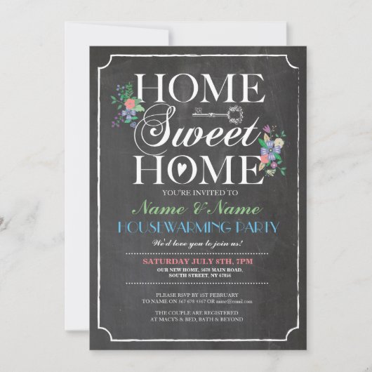 New Home Sweet HouseWarming Chalk Board Key Uitnod Kaart (Voorkant)
