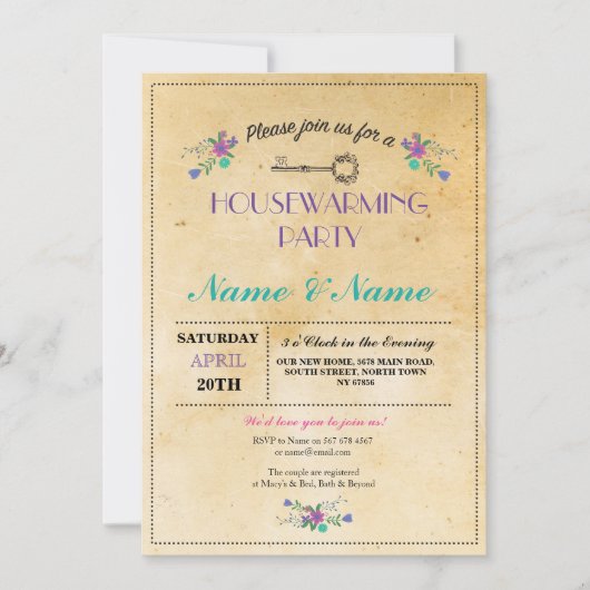 New Home Sweet HouseWarming Floral Key Cute Invite Kaart (Voorkant)