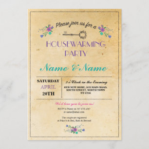 New Home Sweet HouseWarming Floral Key Cute Invite Kaart