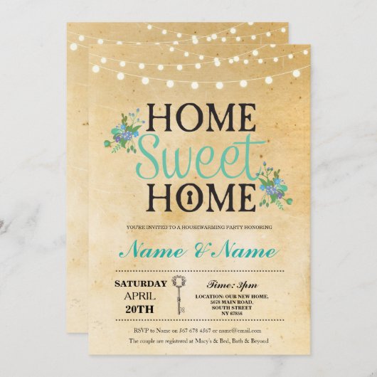 New Home Sweet HouseWarming Key Lights Nodig uit Kaart (Voorkant / Achterkant)