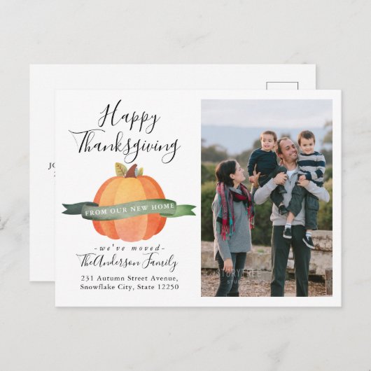 New Home Thanksgiving Pumpkin Photo Holiday Moveme Aankondigingskaart (Voorkant / Achterkant)