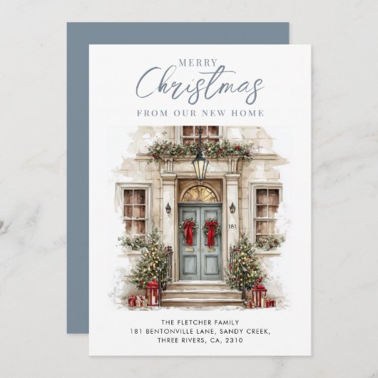 New Home Watercolor Blue Front Door Christmas Feestdagenkaart (Voorkant / Achterkant)