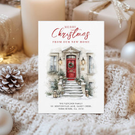 New Home Watercolor Red Front Door Christmas Feestdagenkaart