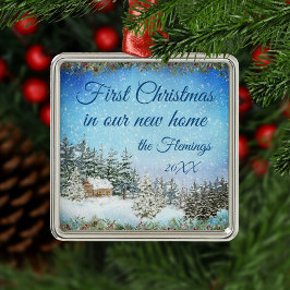 New Home Waterverf Scene Metalen Ornament