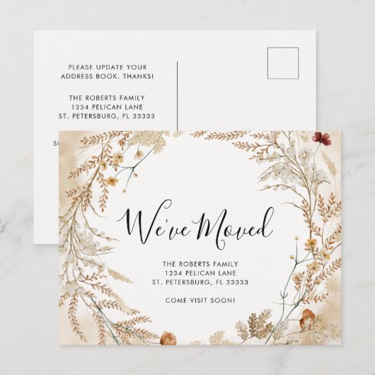 New Home Wildflower Foliage Wreatving Aankondigingskaart (Voorkant / Achterkant)