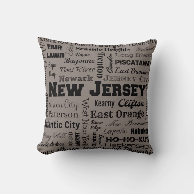 New Jersey Cities Typografie gooit kussen in grijs (Voorkant)