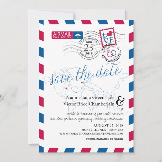 New Jersey Ireland Australia Airmail Save the Date (Voorkant)