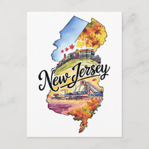 New Jersey USA Staat Vorm Vintage Waterverf Briefkaart