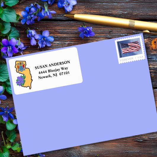 New Jersey Vlag & Bloem Blauw Violet Custom Etiket