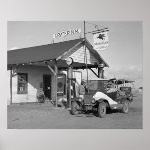 New Mexico-benzinepomp, 1936. Oude foto Poster