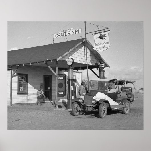New Mexico-benzinepomp, 1936. Oude foto Poster (Voorkant)