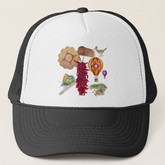 New Mexico Rood Chili Pinõn Zia Hete Luchtballon Trucker Pet (Voorkant)