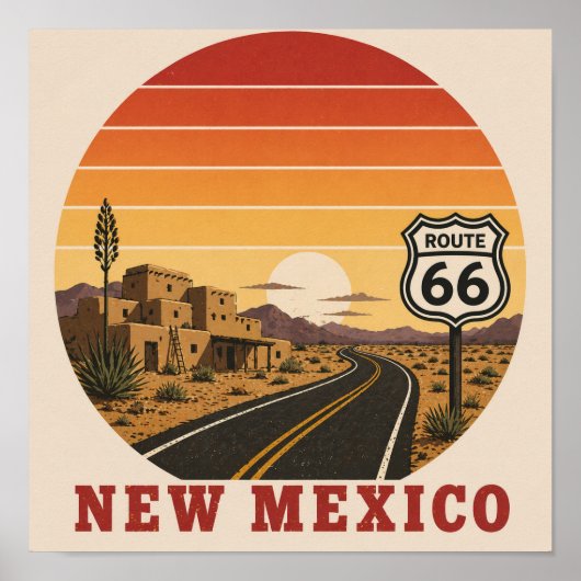 New Mexico Route 66 Woestijn Zonsondergang Poster (Voorkant)