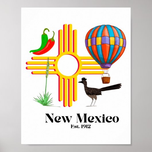 New Mexico Zia_ Chiles, Balloon, Roadrunner, Yucca Poster (Voorkant)