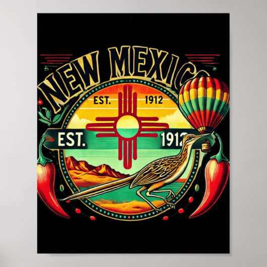 New Mexico Zia Symbol, Roadrunner & Chile Pepp Poster (Voorkant)