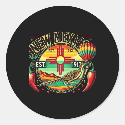 New Mexico Zia Symbol, Roadrunner & Chile Pepp Ronde Sticker (Voorkant)