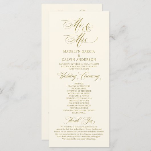 New Mr en Mrs., Gold, bruiloft ceremonie Programmakaart (Voorkant / Achterkant)