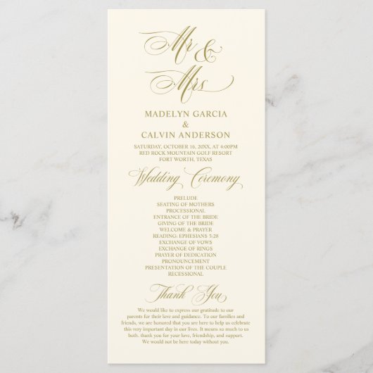 New Mr en Mrs.,  Gold, bruiloft ceremonie Programmakaart (Voorkant)