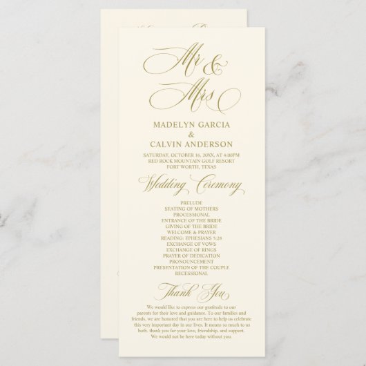New Mr en Mrs.,  Gold, Wedding Ceremonie Pro Programmakaart (Voorkant / Achterkant)